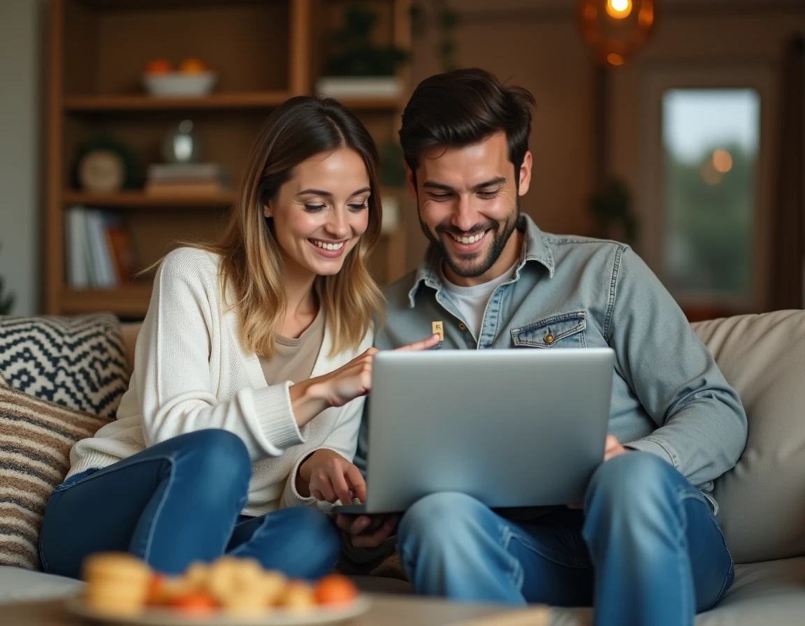 Deux amis jouant ensemble au Scrabble en ligne gratuitement sur un ordinateur portable dans un salon