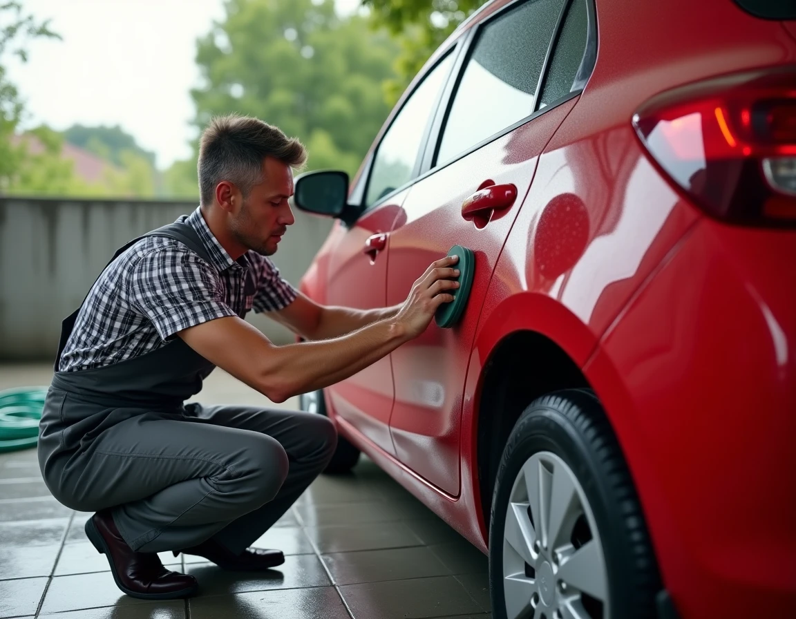 Homme appliquant de la cire carnauba sur une voiture rouge avec un applicateur en mousse dans un espace de lavage extérieur, polissage carrosserie