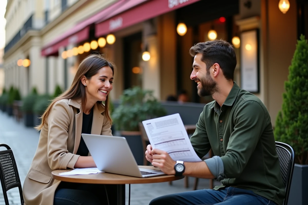Deux associés français discutant d'un projet d'entreprise autour de documents financiers à la terrasse d'un café lyonnais