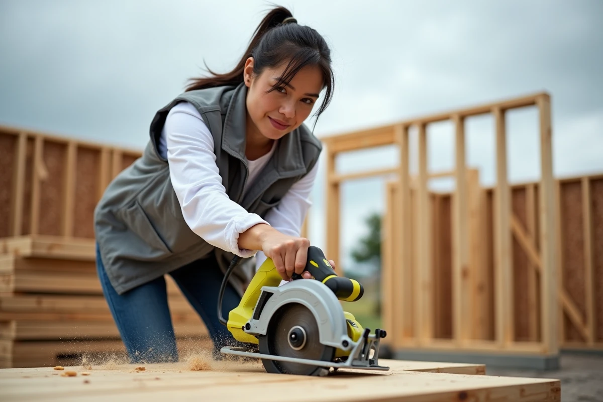 Femme utilisant une scie circulaire Ryobi sur un chantier de construction en extérieur