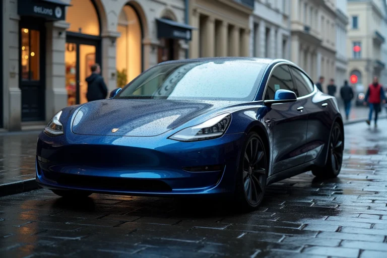 Berline électrique moderne garée dans une rue urbaine européenne sous un ciel nuageux, avec des reflets sur la carrosserie bleue mouillée