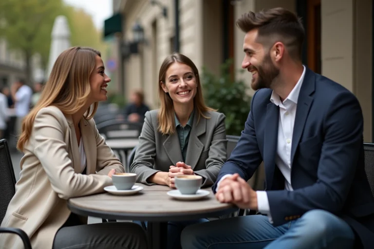 Homme élégant discutant avec deux femmes au café