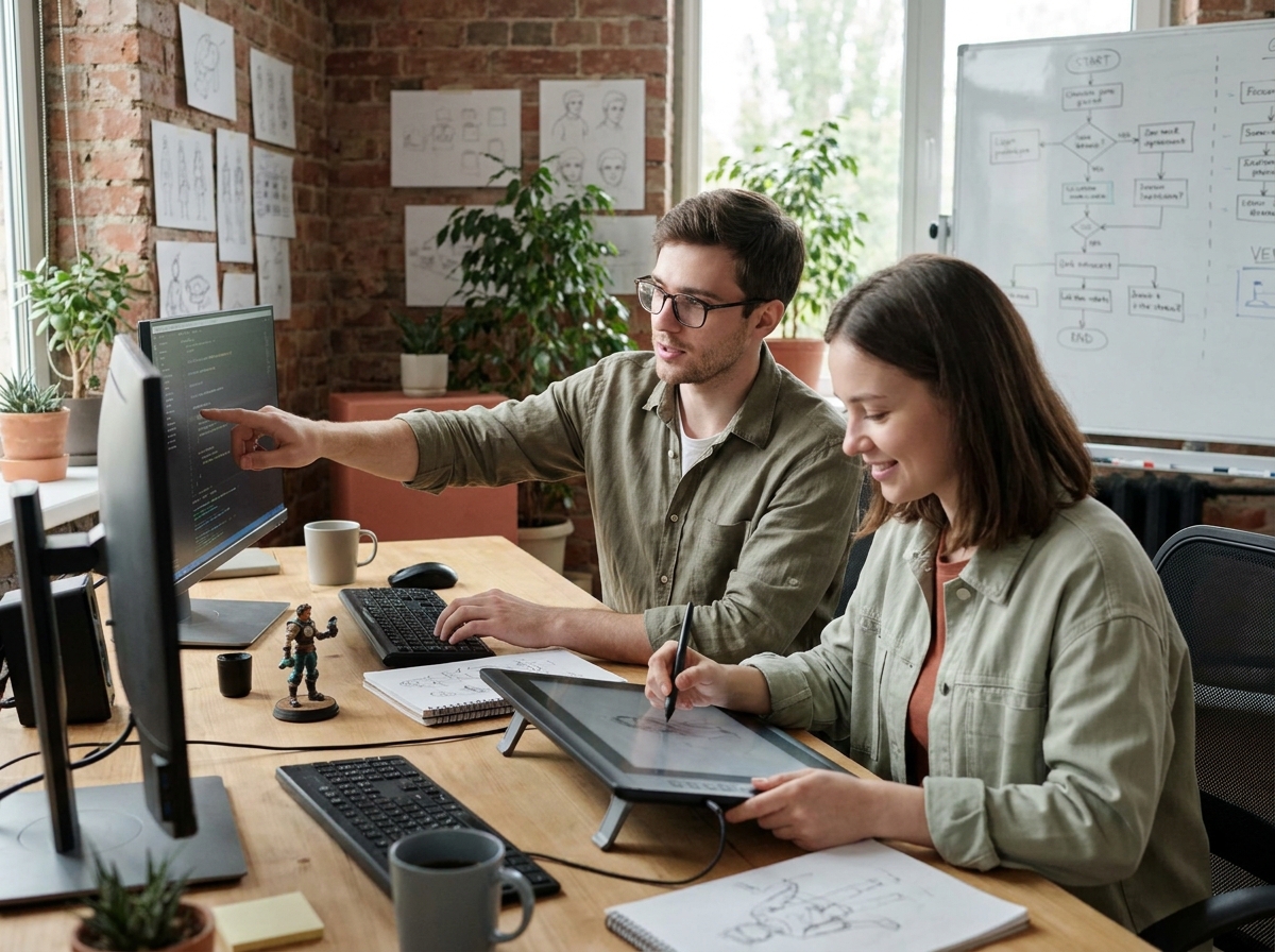 Deux jeunes développeurs indépendants collaborant sur un projet de jeu vidéo dans un studio co-working avec art conceptuel et tablette graphique
