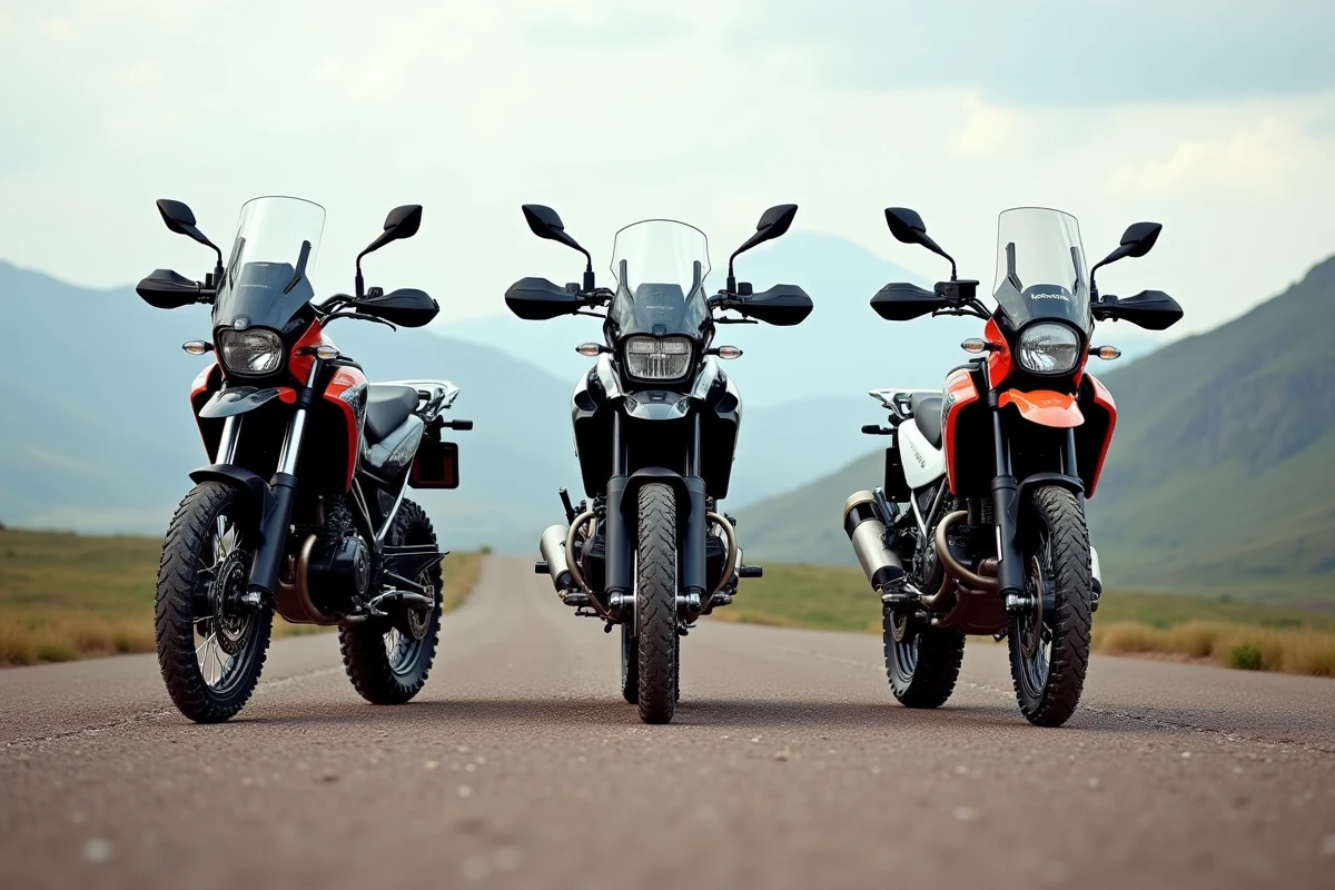Comparatif de trois motos trail alignées sur un plateau en gravier, Honda XR600 face aux concurrentes Yamaha et KTM dans un paysage de haute montagne