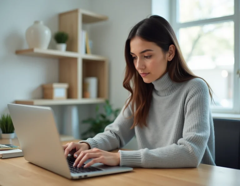 Femme connectée sur un portail en ligne via un laptop dans un bureau moderne à domicile