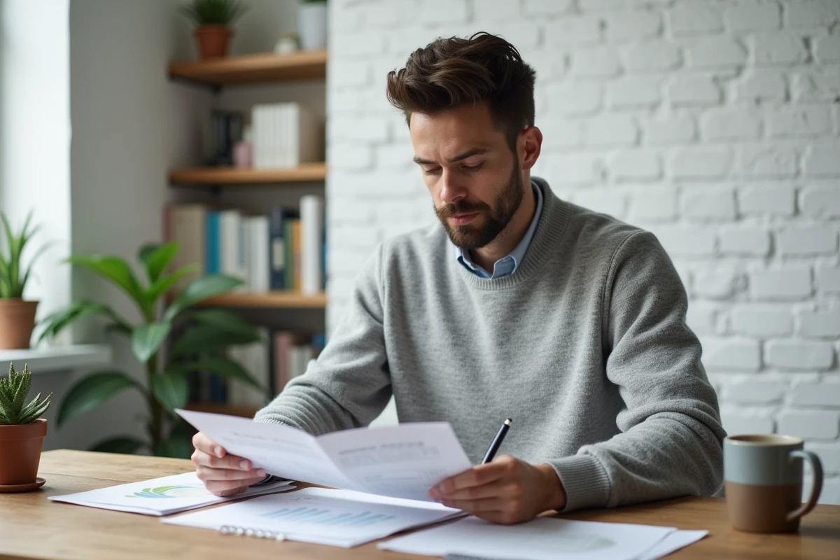 Entrepreneur consultant analysant un rapport de performance durable et éthique dans un bureau épuré à domicile