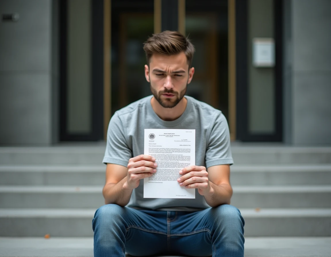 Jeune homme recevant une convocation juridique liée à des téléchargements illégaux devant un bureau administratif