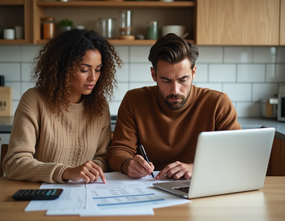 Un jeune couple analyse les frais d'hypothèque de leur prêt immobilier autour d'une table de cuisine