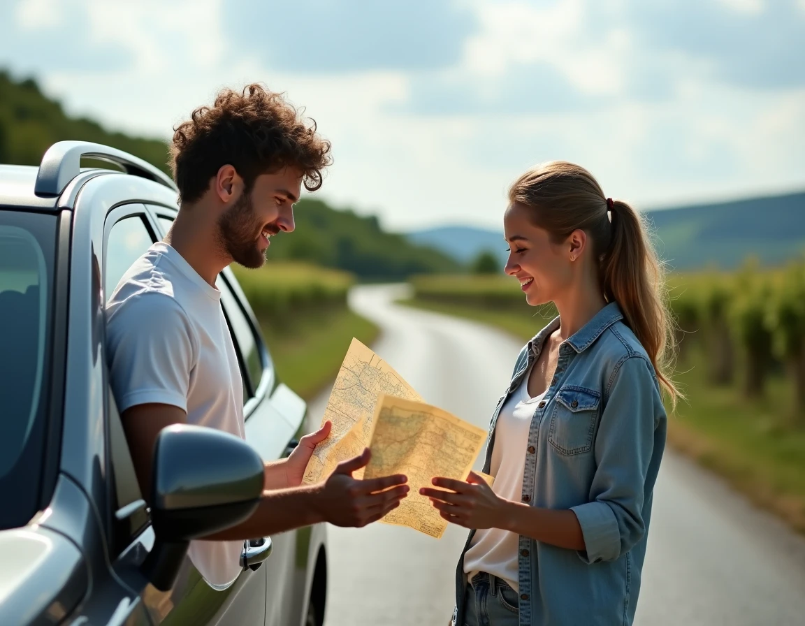 Couple de voyageurs consultant une carte routière devant un SUV de location en campagne