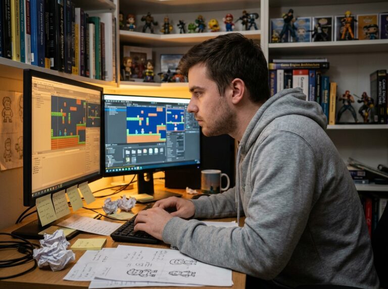 Jeune homme passionné de jeux vidéo apprenant la création de jeux sur ordinateur dans un bureau maison encombré de notes et croquis