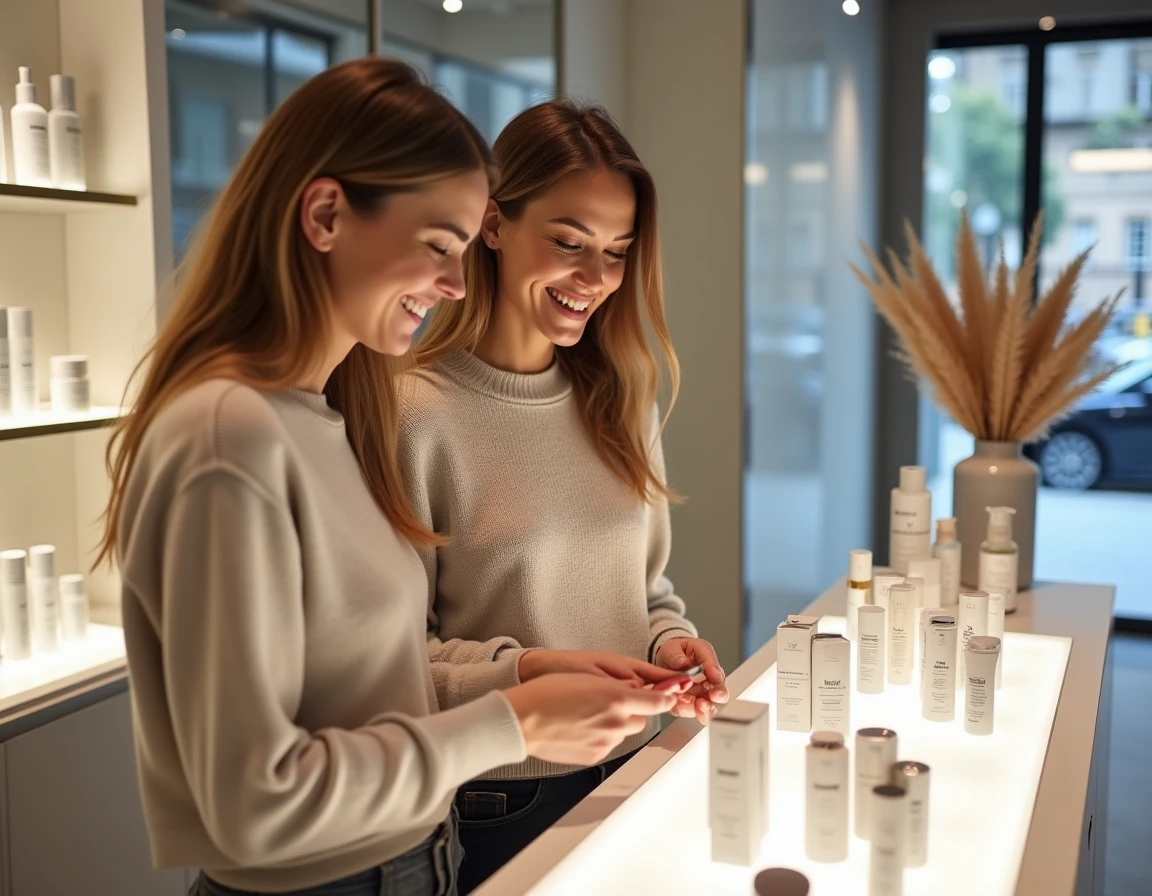 Deux femmes découvrant de nouveaux produits de beauté dans une boutique tendance, incontournables beauté 2024