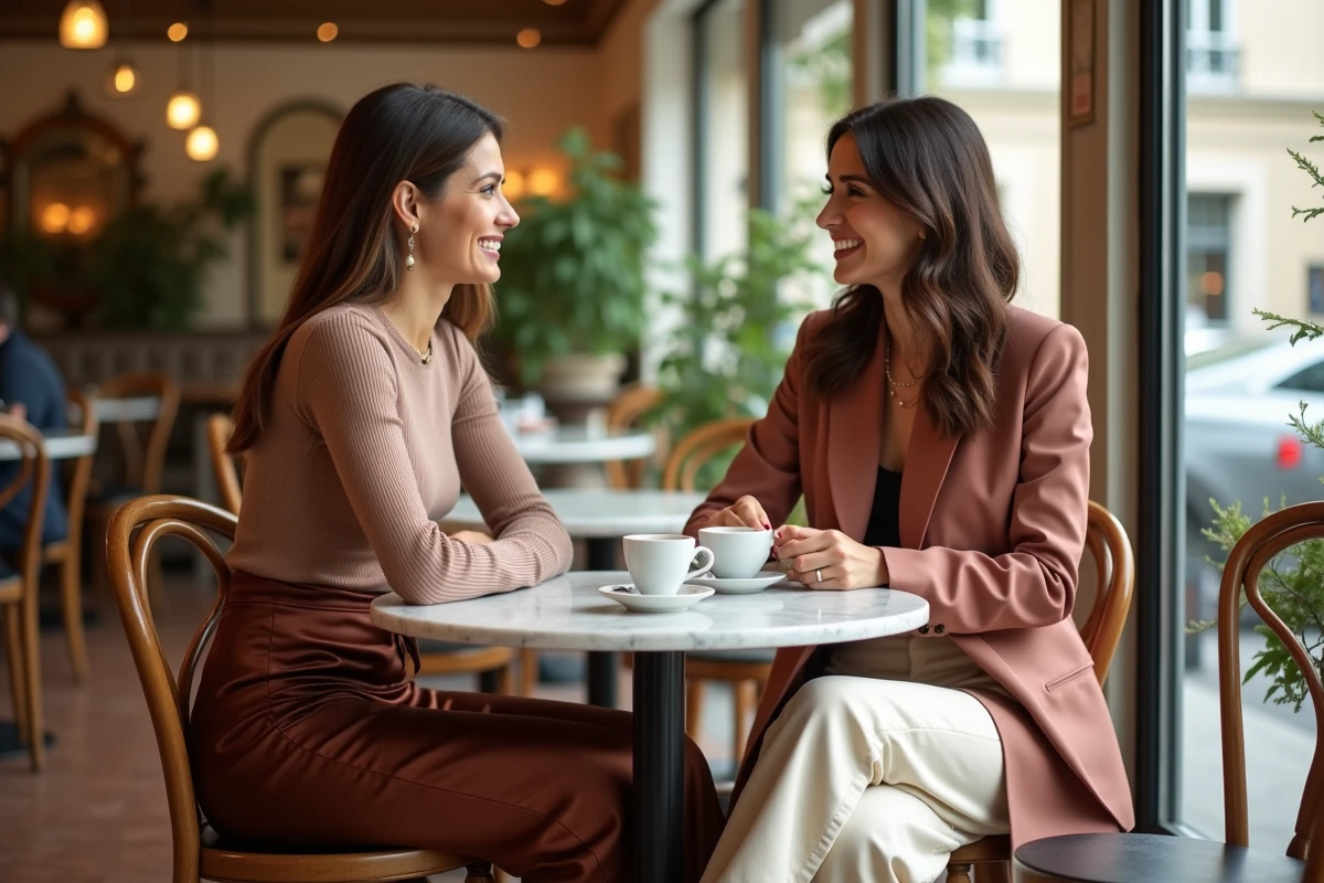 Deux femmes tendance en tenues de saison discutant autour d'un café dans une brasserie parisienne chic