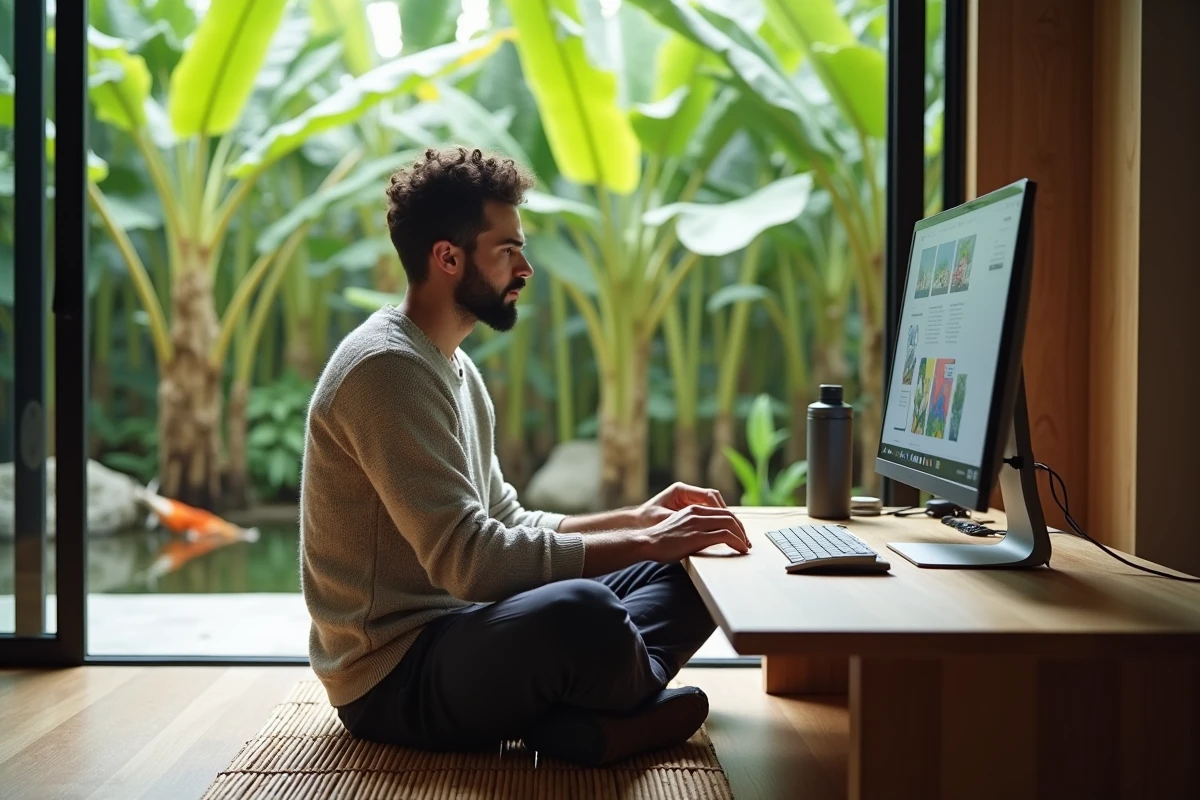 Digitaler Nomade, der von einem minimalistischen Co-Living in Bali mit Blick auf einen tropischen Garten arbeitet