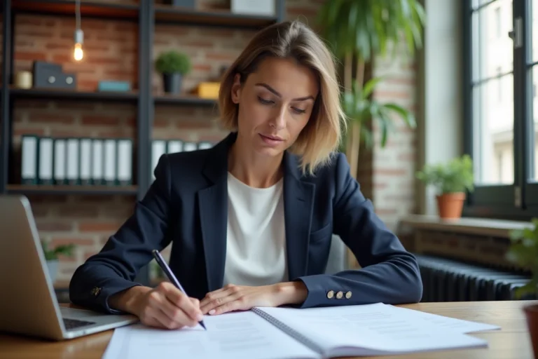 Femme entrepreneuse française en blazer marine révisant un business plan dans un espace de co-working parisien