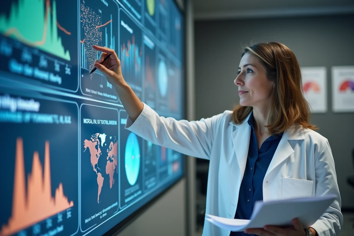 Épidémiologiste présentant des indicateurs de santé publique et des graphiques de prévalence des maladies dans un centre de recherche universitaire