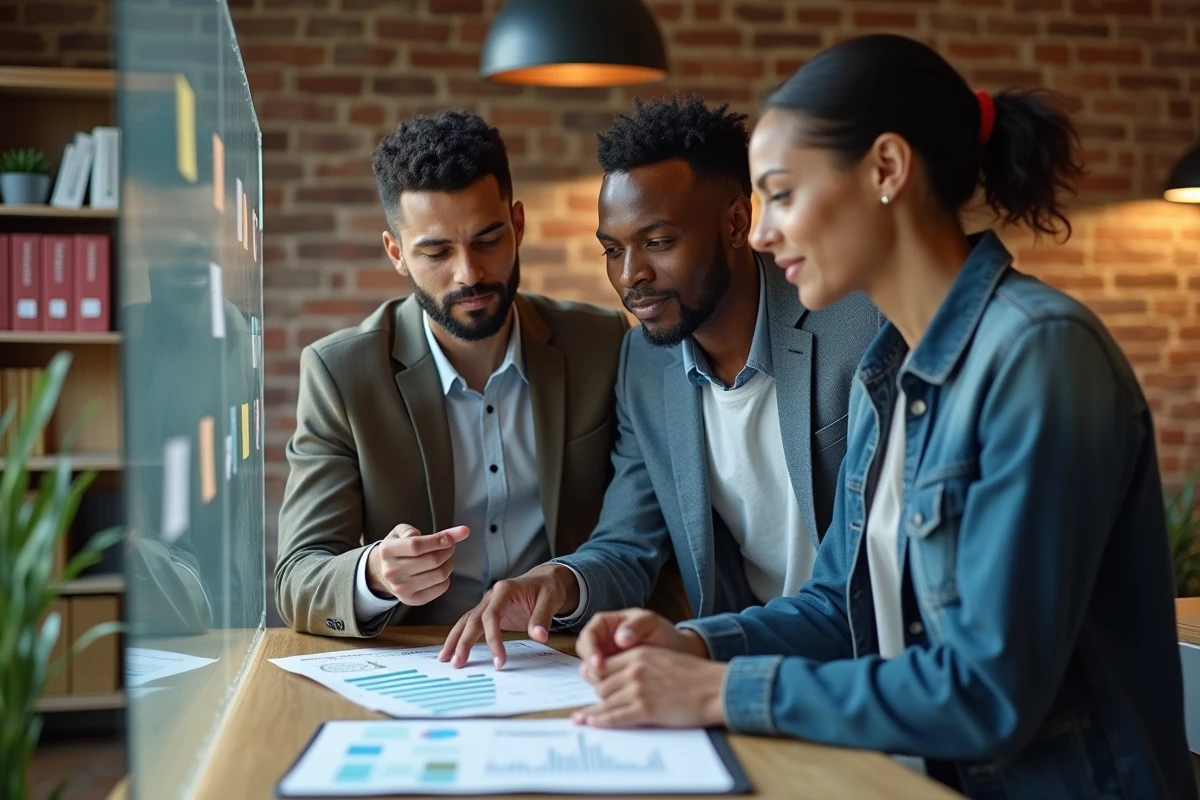 Équipe multiculturelle de professionnels collaborant autour d'un tableau de stratégie dans un espace de coworking éthique