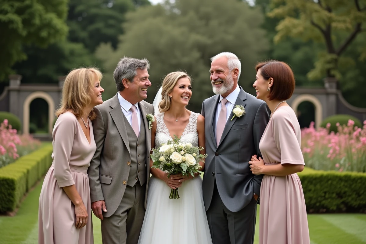 Famille heureuse partageant un moment dans un jardin fleuri