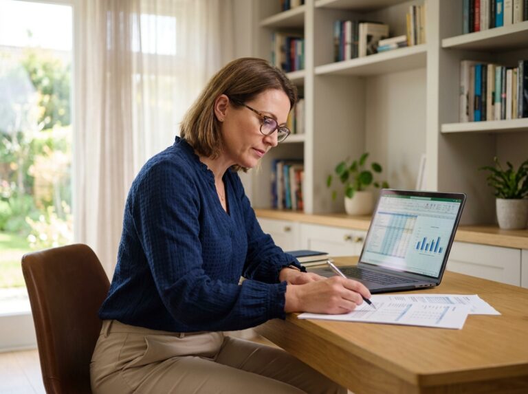Femme d affaires en home office examinant des documents financiers