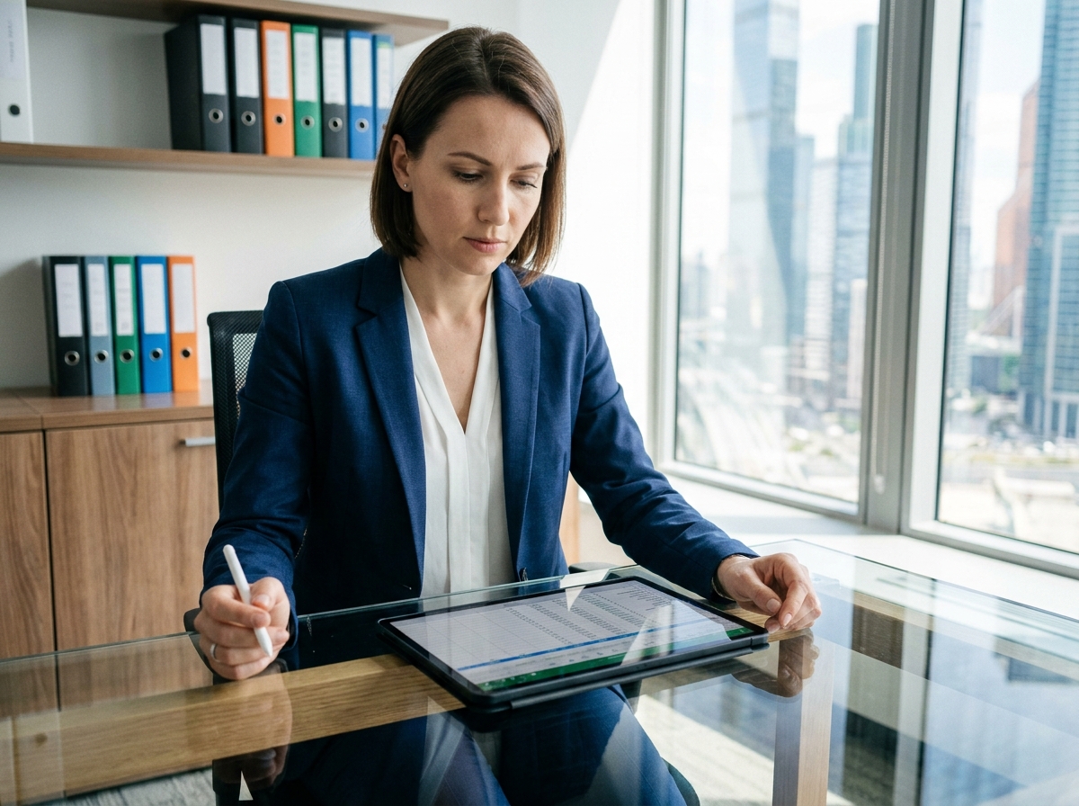 Femme d affaires en costume bleu dans un bureau moderne