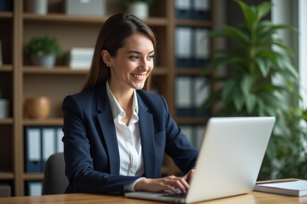Jeune femme en blazer dans un bureau moderne
