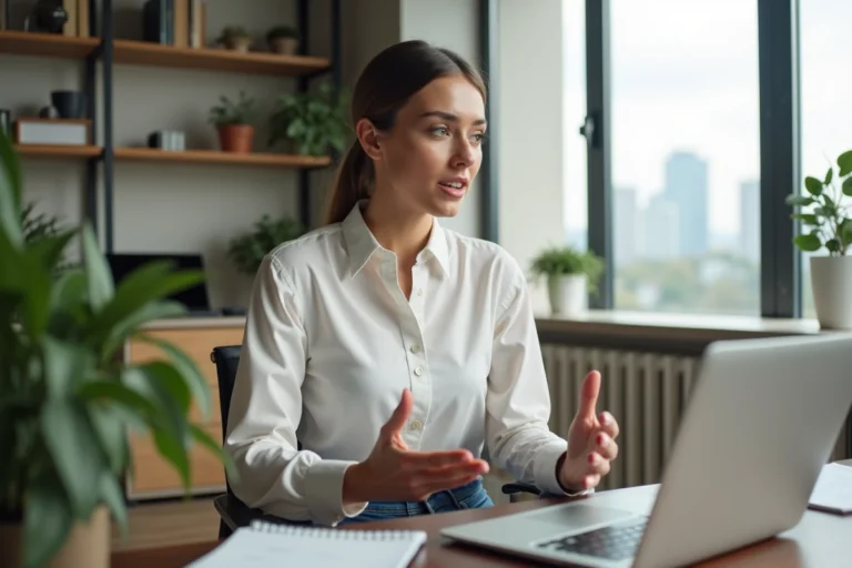 Femme en télétravail dans un bureau moderne avec vue urbaine
