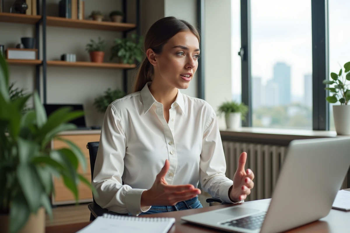 Femme en télétravail dans un bureau moderne avec vue urbaine