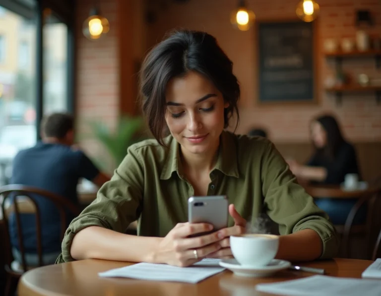 Femme attentive consultant son smartphone dans un café urbain, illustrant la veille de l'actualité insolite