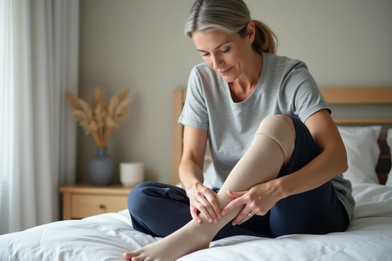 Femme enfilant un bas de contention beige sur son mollet assise sur un lit dans une chambre à coucher claire et décorée avec goût