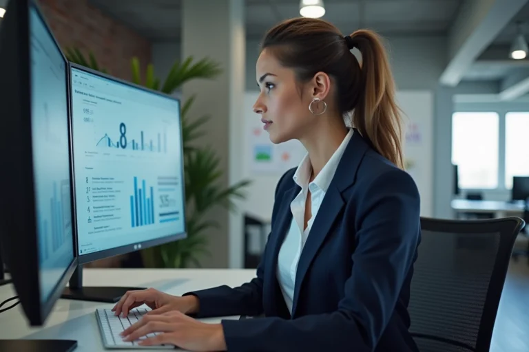 Femme entrepreneur analysant des données de croissance en ligne sur des écrans dans un bureau moderne