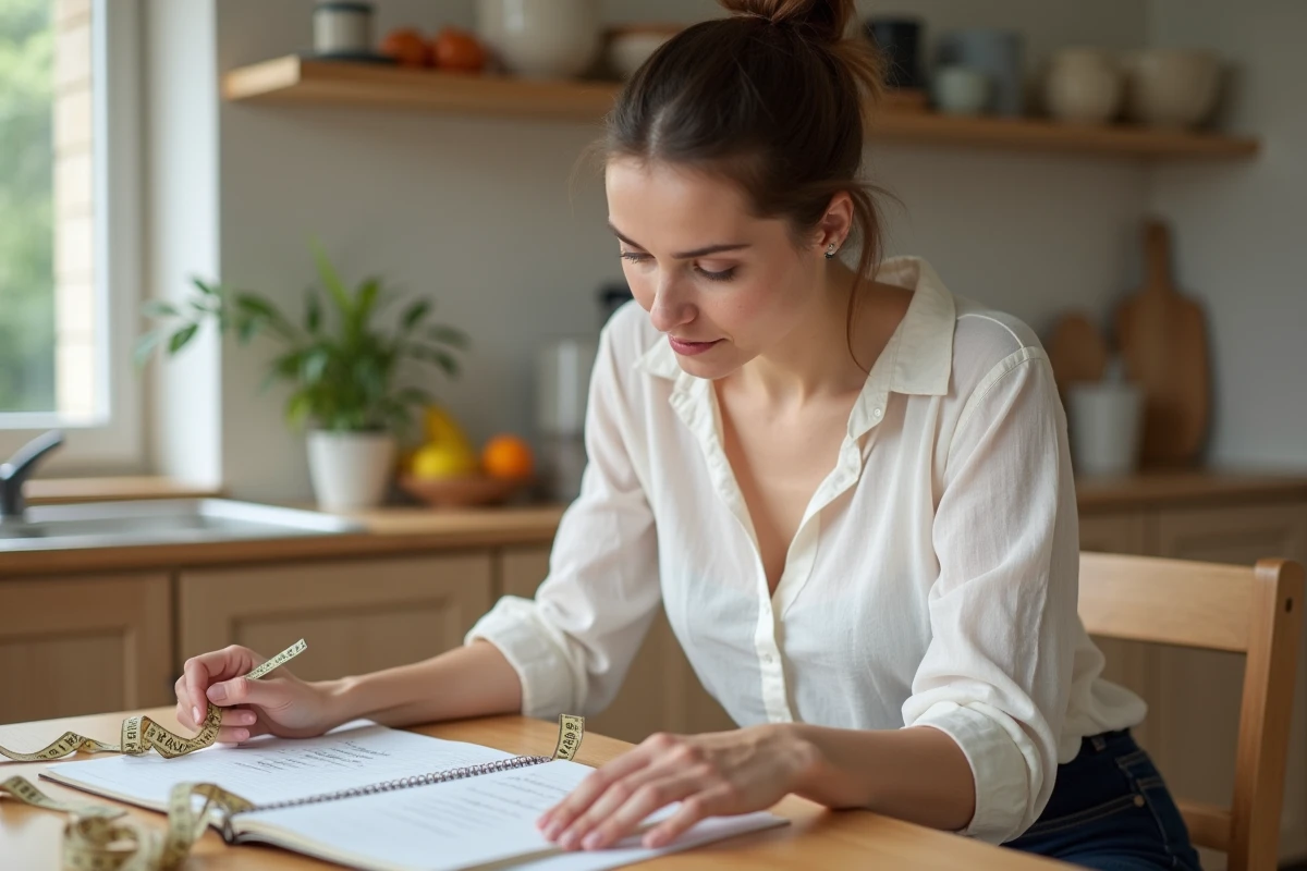 Femme consultant un guide manuscrit sur le calcul du poids idéal et de l'IMC à table dans une cuisine lumineuse