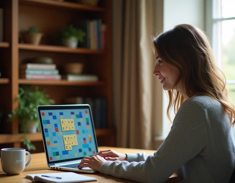 Femme jouant au Scrabble en ligne gratuitement sur ordinateur portable à son bureau à domicile