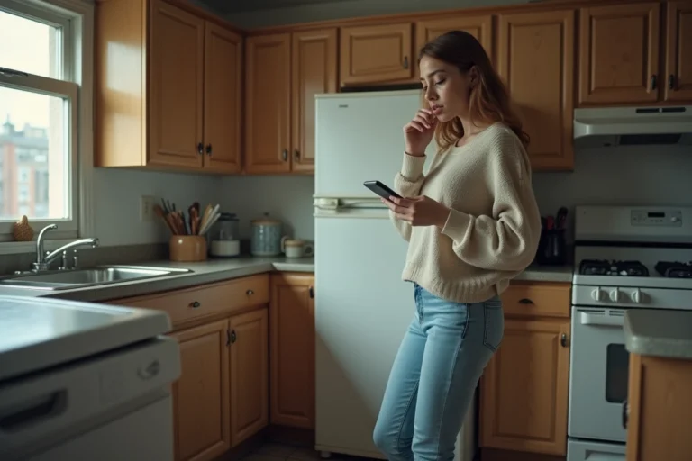 Jeune femme dans une cuisine modeste avec frigo ancien