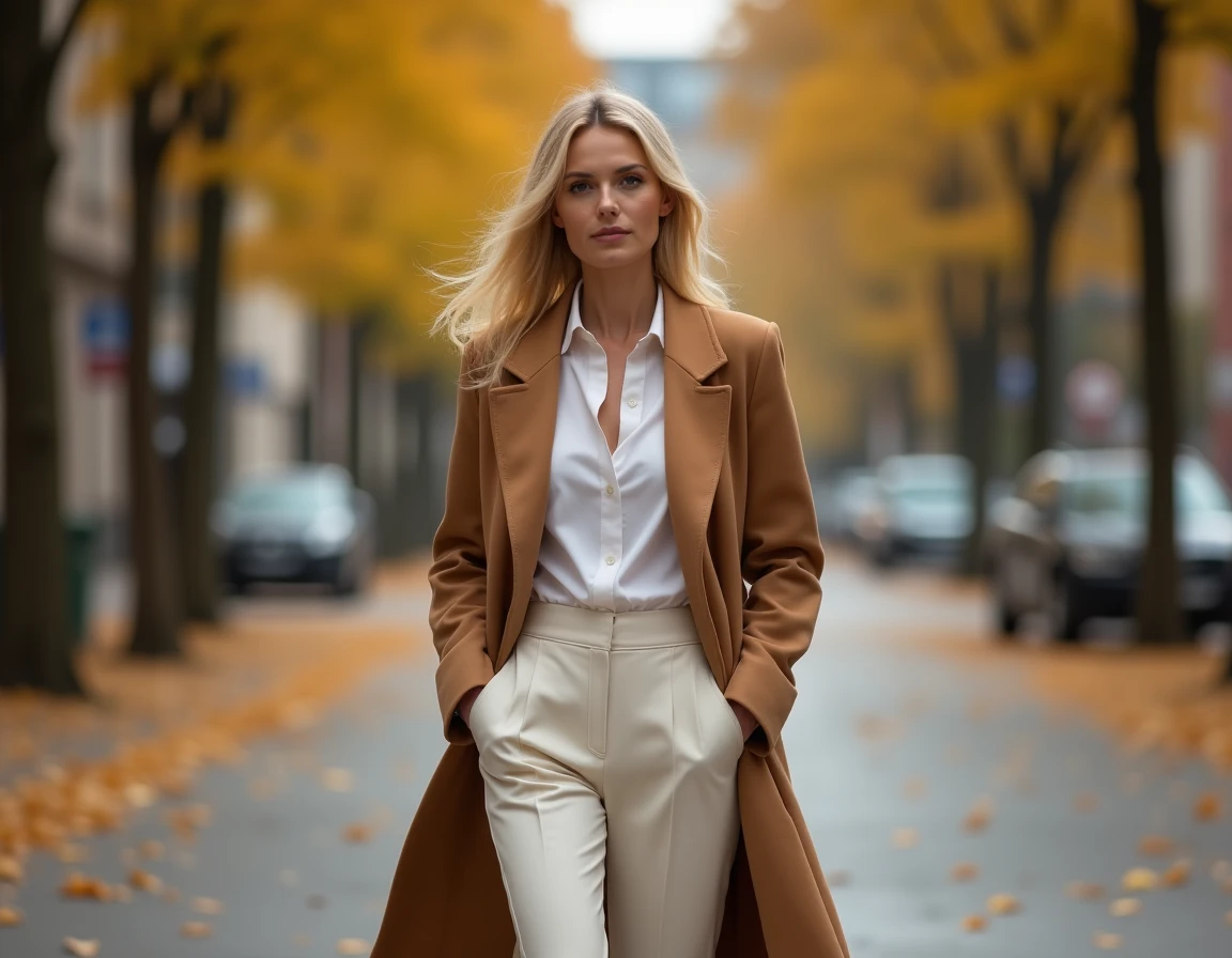 Femme blonde en manteau camel marchant dans une avenue parisienne en automne, feuilles dorées au sol