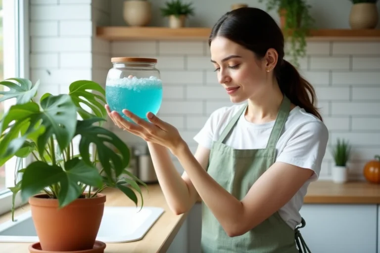 Femme versant des perles d'eau transparentes dans un pot de monstera sur un plan de travail en bois clair dans une cuisine moderne