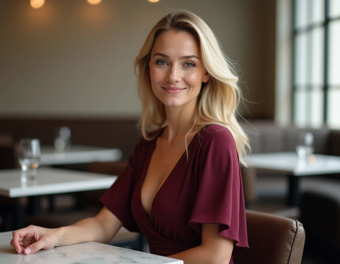 Femme élégante en robe bordeaux assise dans un restaurant moderne au décor minimaliste