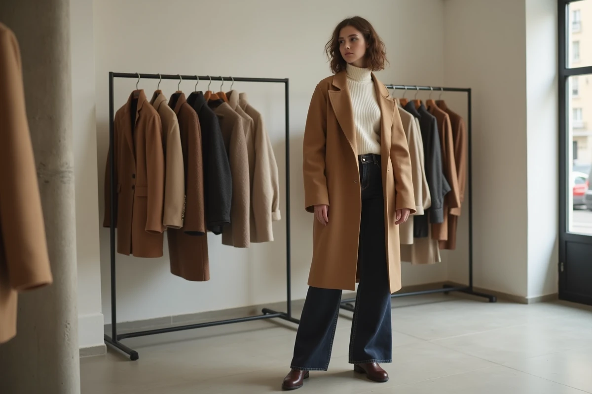 Femme élégante en manteau camel feuilletant des vêtements dans une boutique de mode parisienne minimaliste