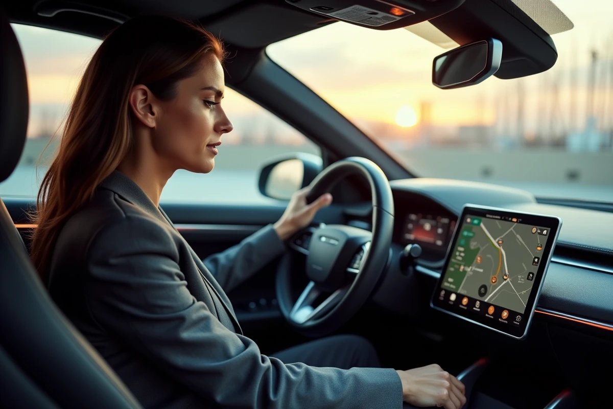 Femme au volant d'un véhicule de luxe interagissant avec un tableau de bord tactile high-tech