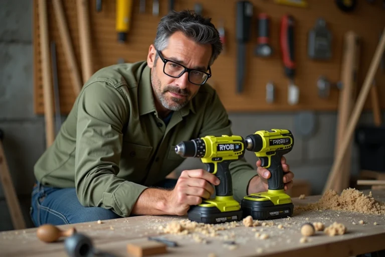 Professionnel inspectant une perceuse sans fil Ryobi verte et noire dans un atelier de bricolage authentique