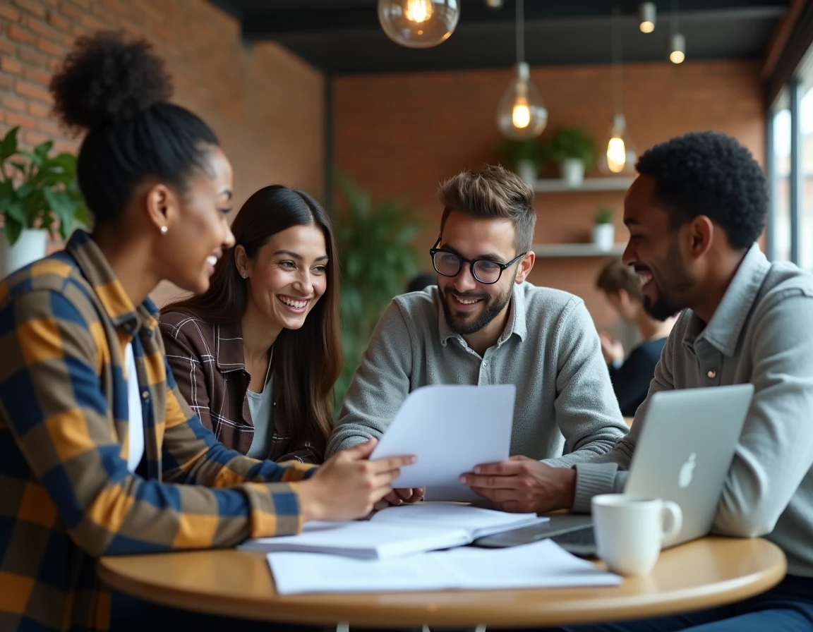Groupe de professionnels en formation management collaborant autour d'une table dans un espace de coworking moderne