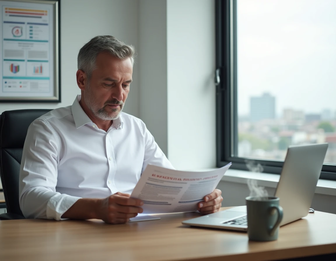 Manager autodidacte étudiant un manuel de formation en gestion et management à son bureau avec vue sur la ville