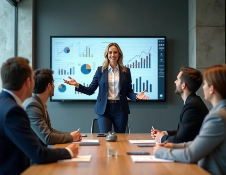 Femme manager animant une formation en gestion d'équipe dans une salle de réunion moderne avec présentation de graphiques business