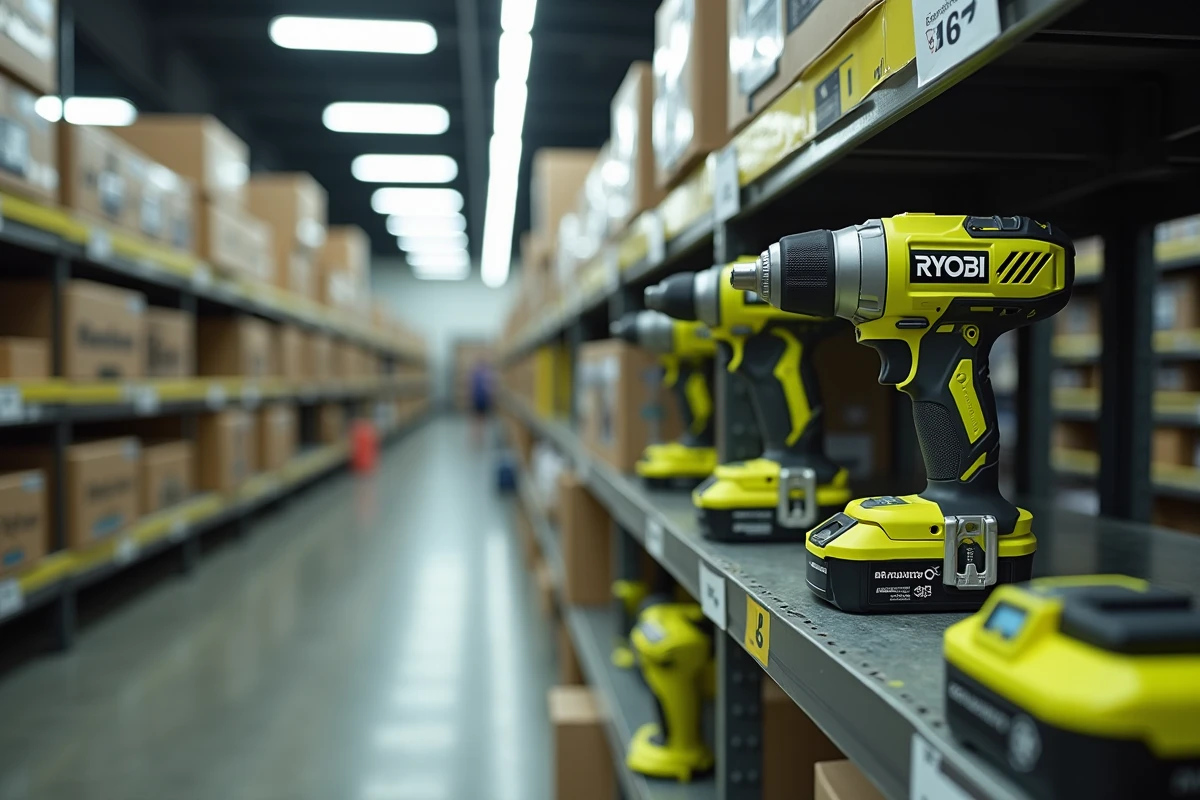 Kit d'outils sans fil Ryobi ONE+ 18V exposé sur une étagère de magasin de bricolage