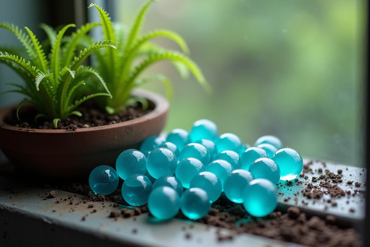 Gros plan de perles d'eau gel translucides bleues et violettes mélangées à la terre d'un pot de fougère sur un rebord de fenêtre en béton