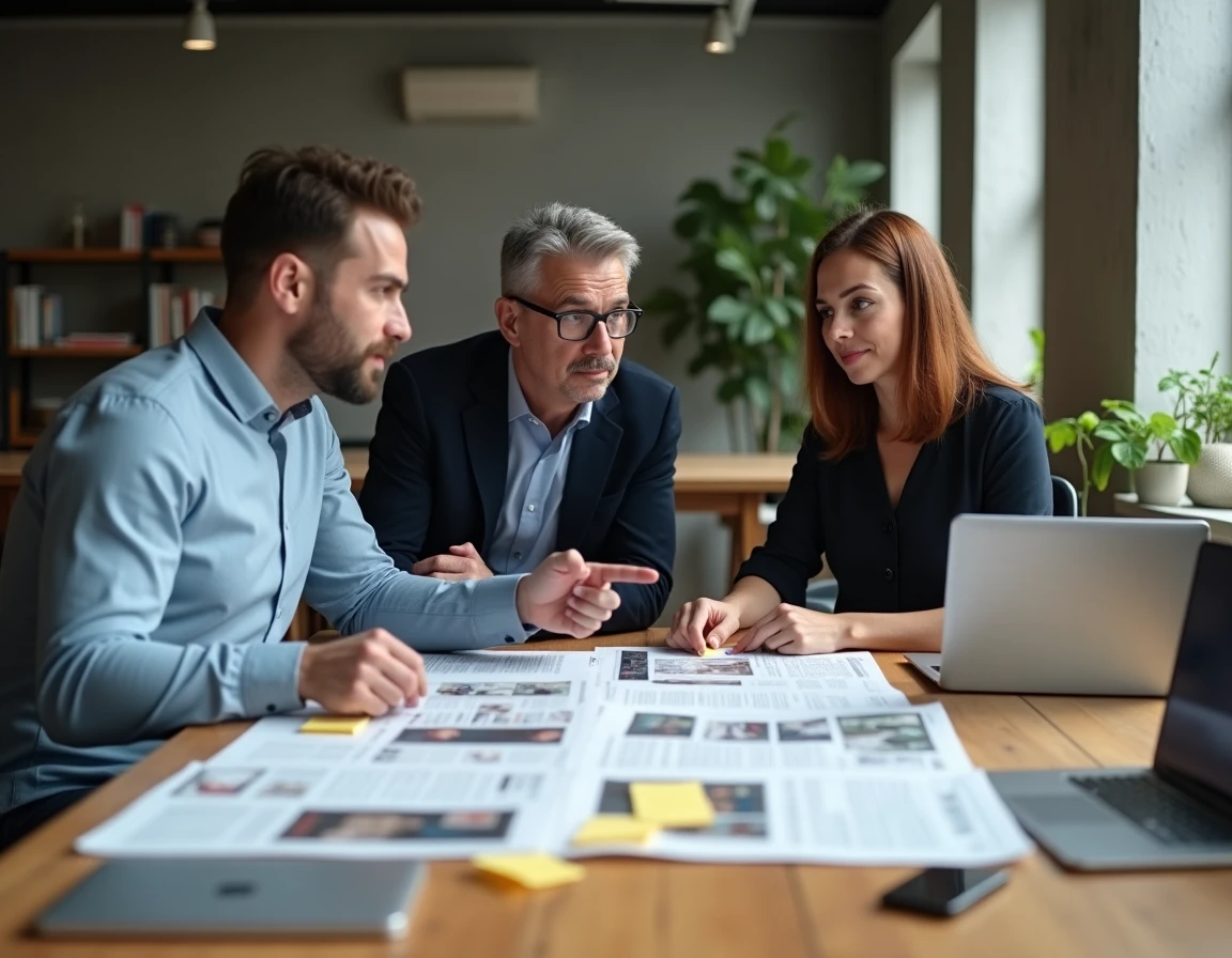Groupe de collègues analysant des articles de presse sur une table de co-working, symbolisant le décryptage de l'actualité