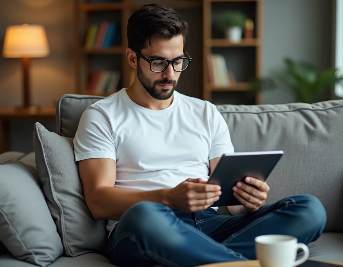 Jeune homme consultant un guide de connexion à un service en ligne sur une tablette dans son salon
