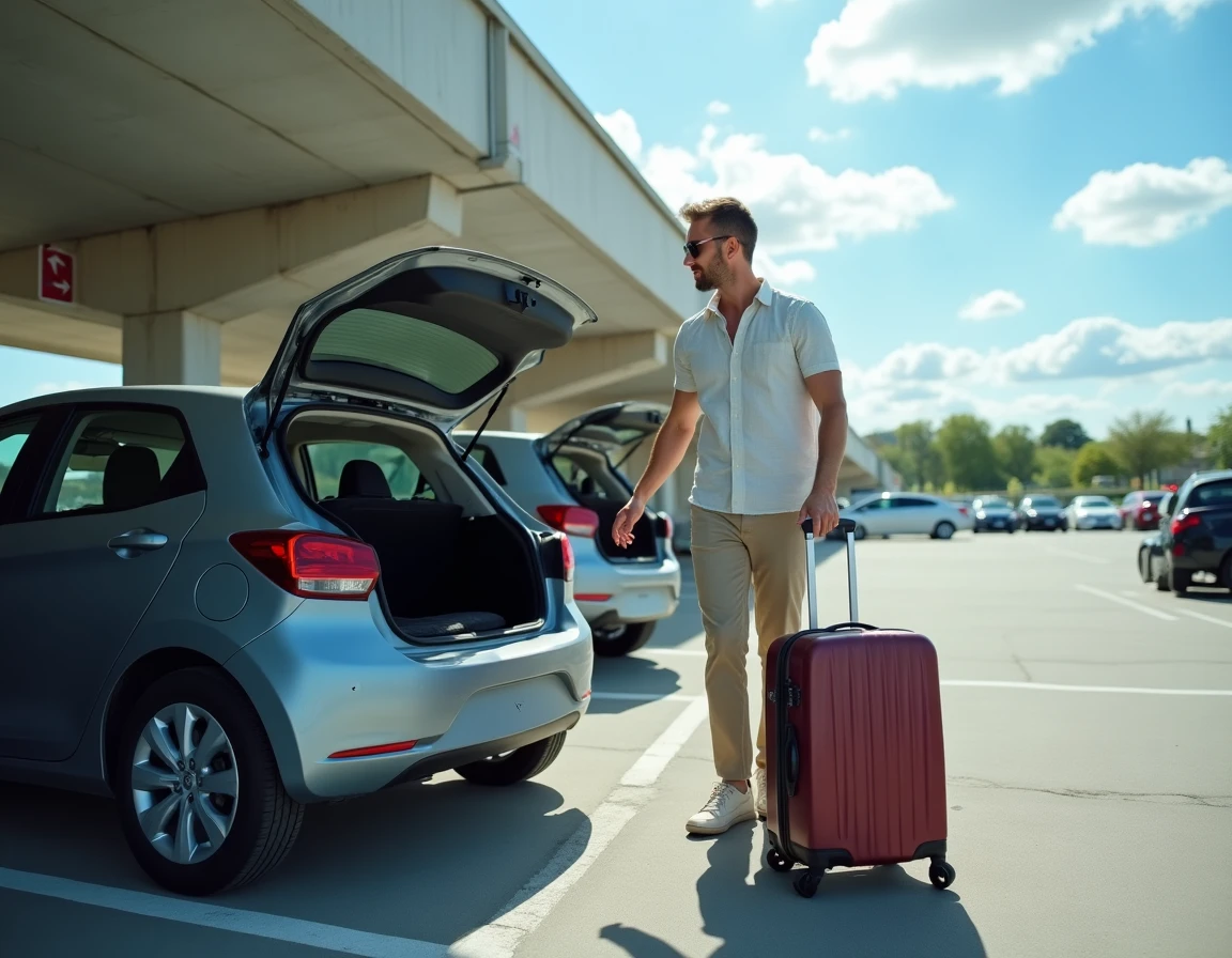 Homme chargeant ses bagages dans le coffre d'une voiture de location près d'un aéroport