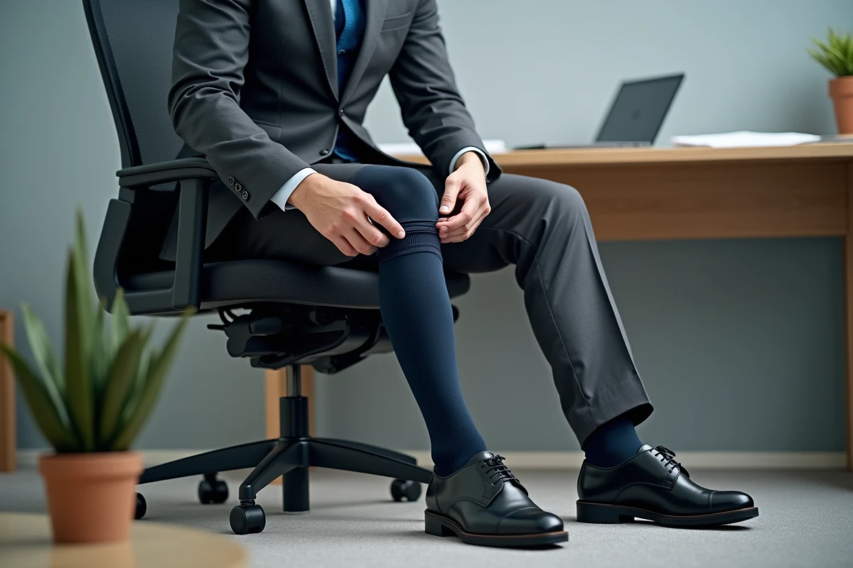Homme en costume ajustant discrètement son bas de contention marine sous son pantalon dans un bureau professionnel