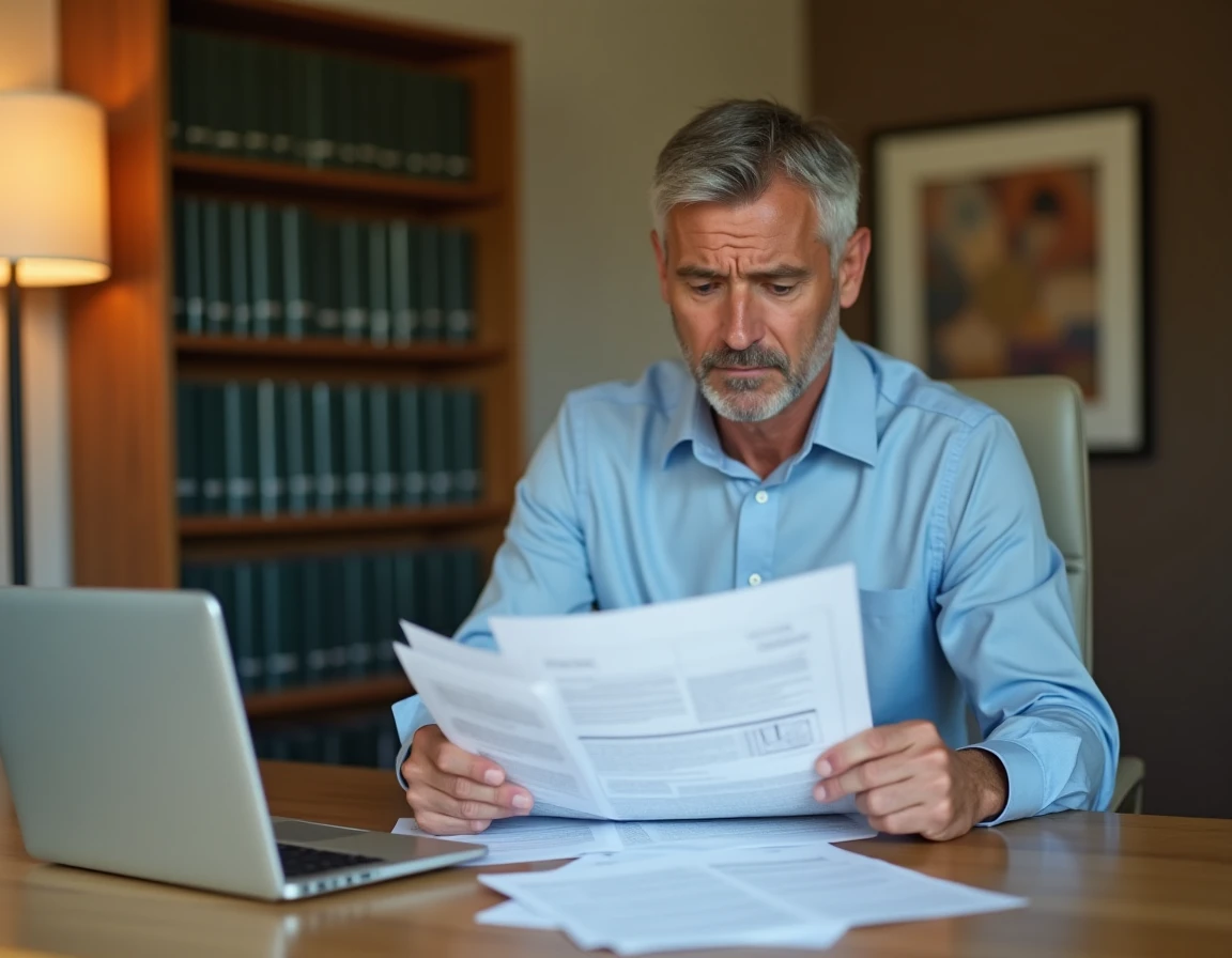 Un homme en chemise bleue examine des documents hypothécaires sur un bureau en bois dans un bureau à domicile moderne