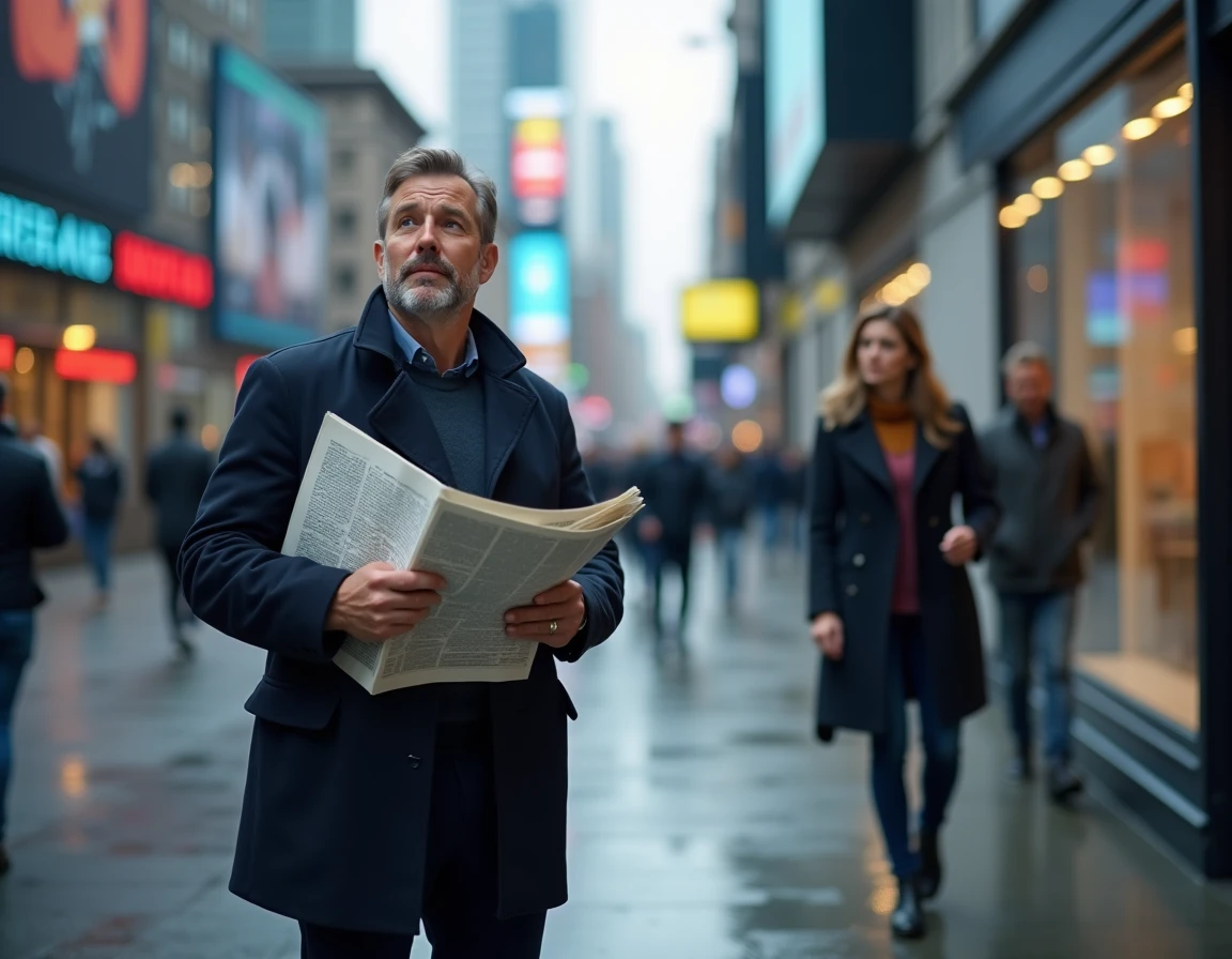 Homme en ville tenant un journal face à un panneau numérique d'actualités, évoquant les tendances et faits insolites contemporains