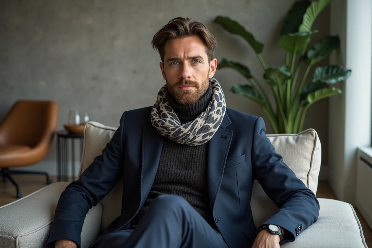 Homme en blazer bleu dans un salon moderne et épuré
